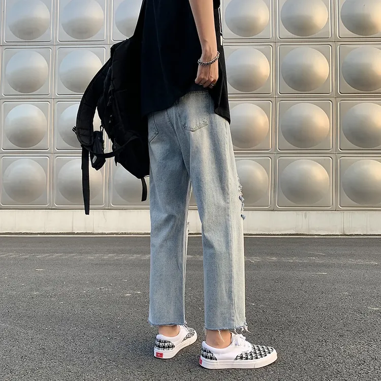 破洞裤子男装做旧时尚高街直筒九分美式街头夏季hiphop牛仔裤薄款