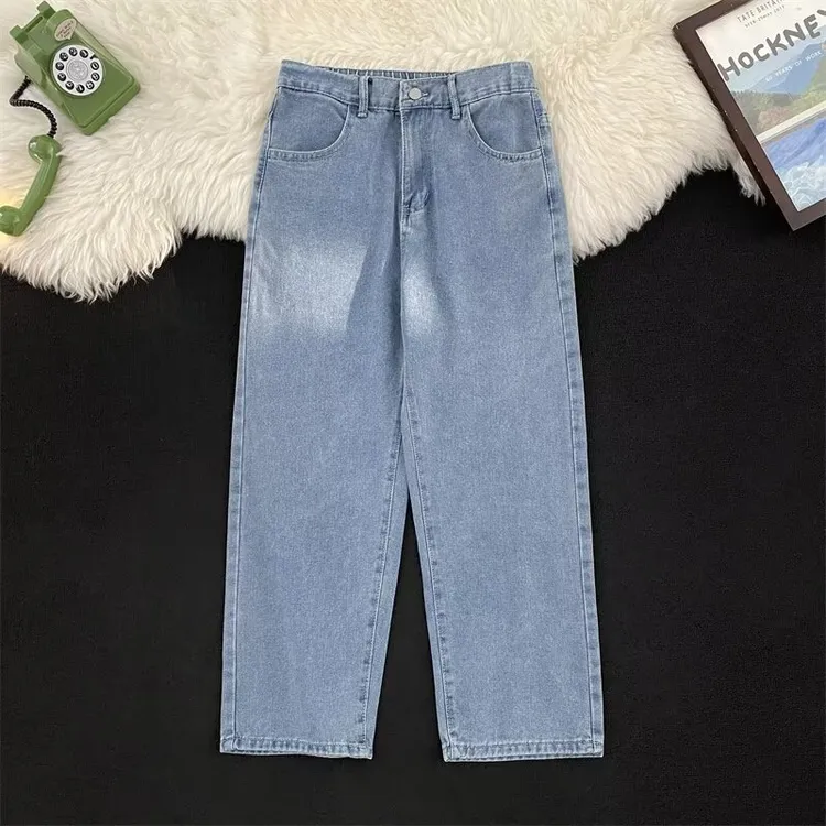 美式vibe风复古牛仔裤男士潮牌直筒宽松阔腿夏季高街痞帅九分裤子