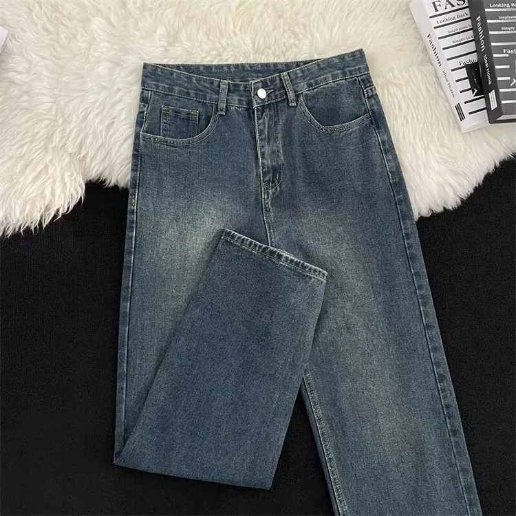 日系简约牛仔裤男ins港风复古潮牌高街宽松直筒百搭基础款休闲