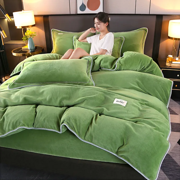 秋冬加厚纯色牛奶绒床笠四件套双面绒高克重毛绒被套被罩床上用品