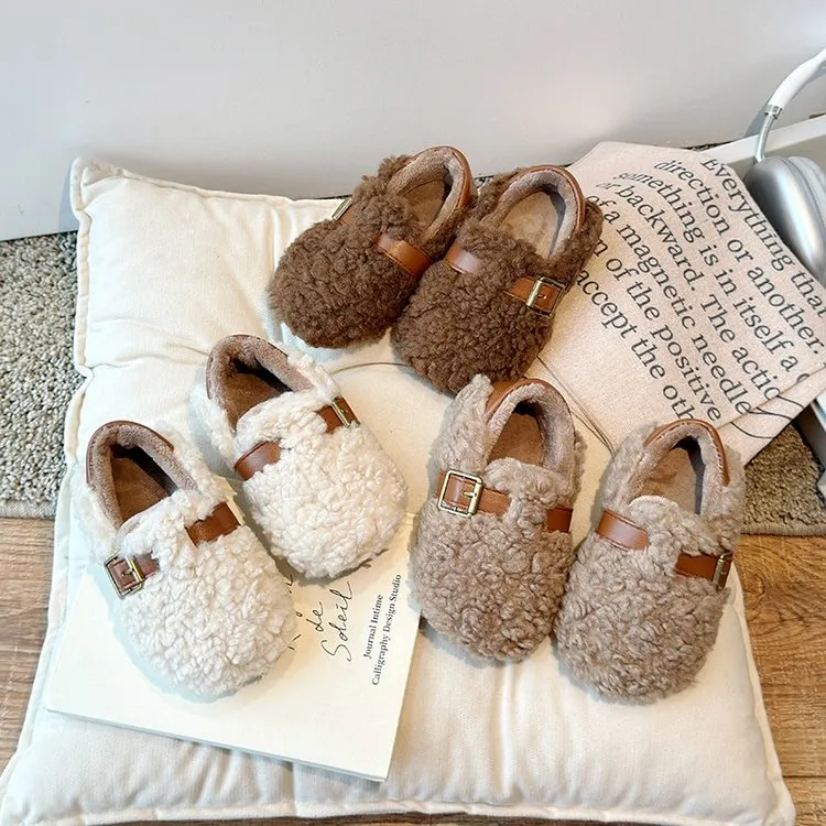 宝宝冬季加绒加厚毛毛保暖鞋儿童可爱简约百搭防滑羊羔毛单鞋女童