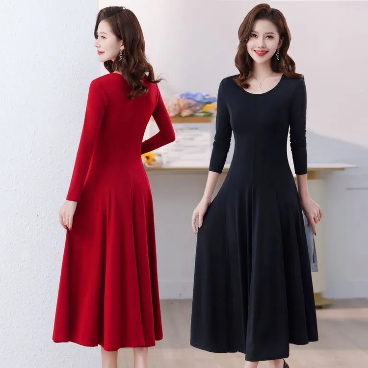 长袖连衣裙摩登舞春秋新款妈妈国标舞长款裙子交谊舞舞蹈大摆裙女