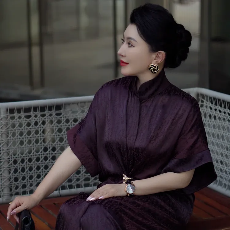 芈莱尤优—黛色风华提花开襟短袖风衣裙L23-6102-1