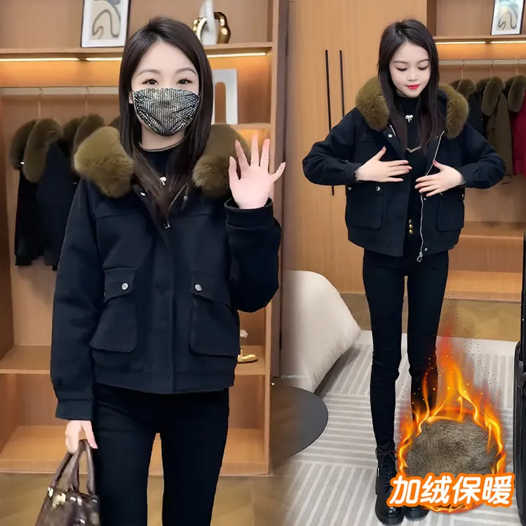 加绒加厚棉衣棉服女冬季2025新款洋气减龄小个冬季小个子黑色外套