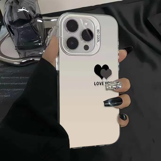 新款彩银简约双爱心适用于苹果15promax手机壳14全包防摔个性壳