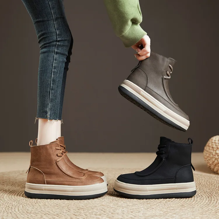 真皮马丁靴女冬季加绒平底复古短靴休闲高帮棉鞋子大码女鞋41-43