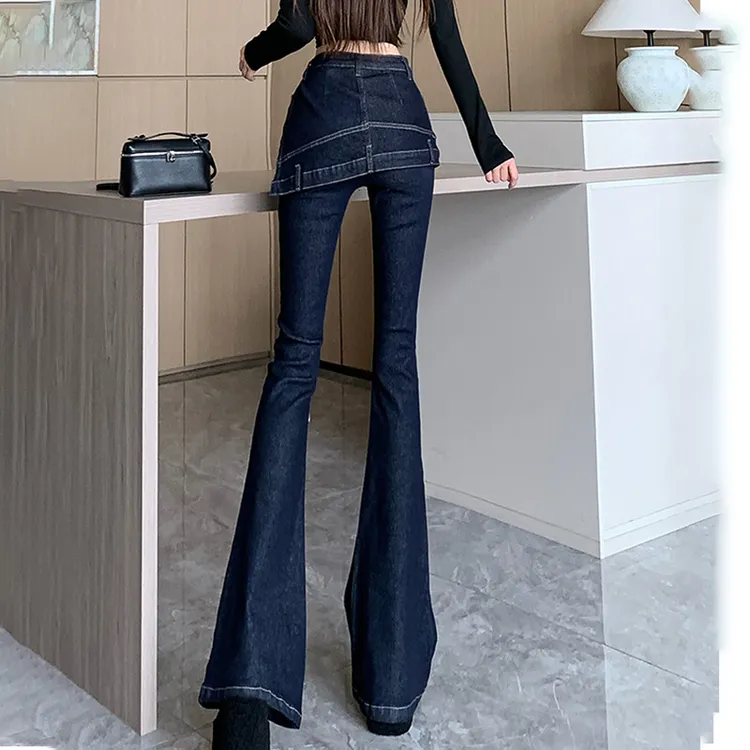 假两件复古马蹄牛仔裤春秋季高腰裤裙百搭显瘦修身微喇叭裤设计感