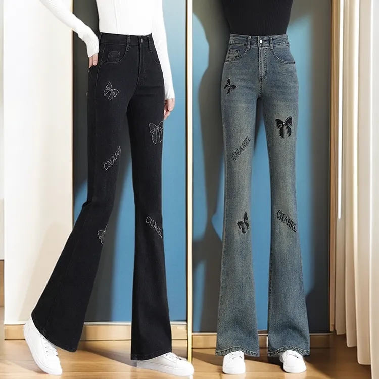 2025年秋季新款高腰韩版牛仔微喇裤女多巴安显瘦撞色弹力喇叭长裤