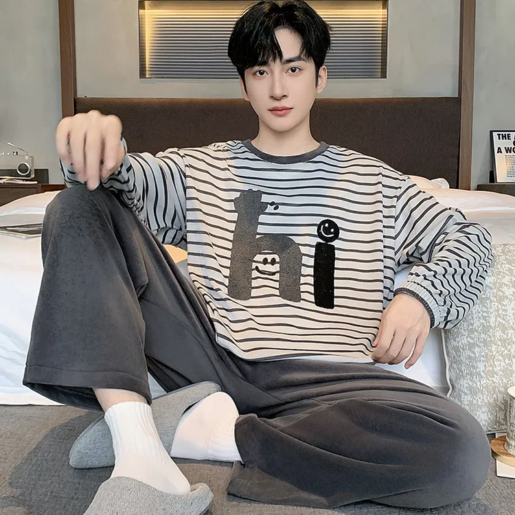 海岛绒睡衣男士秋冬季珊瑚绒加肥加大码春秋款薄绒男款家居服套装