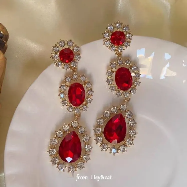 复古宫廷 奢华夸张摩登港风高级感气质新娘耳环耳钉耳夹红色耳饰
