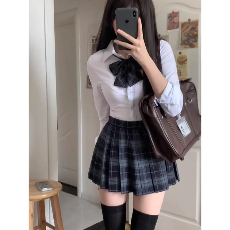 原创jk制服女裙正版高腰百褶裙女收腰衬衫狗短淑格裙全身套装秋冬