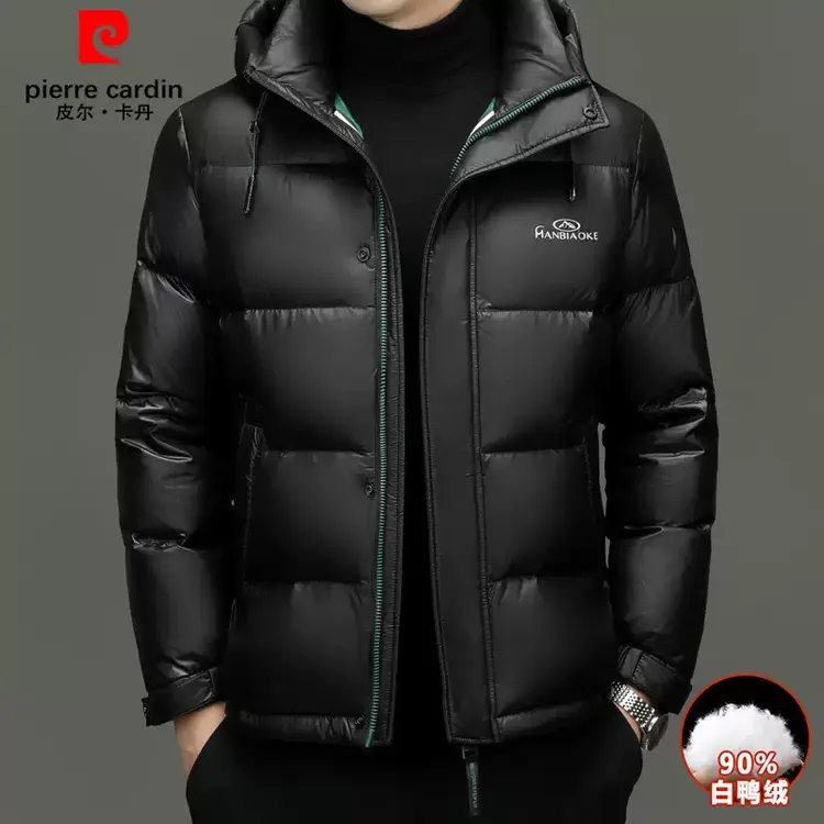 皮尔卡丹冬季男士羽戎服连帽亮面加厚2024新款保暖防寒鸭戎外套男