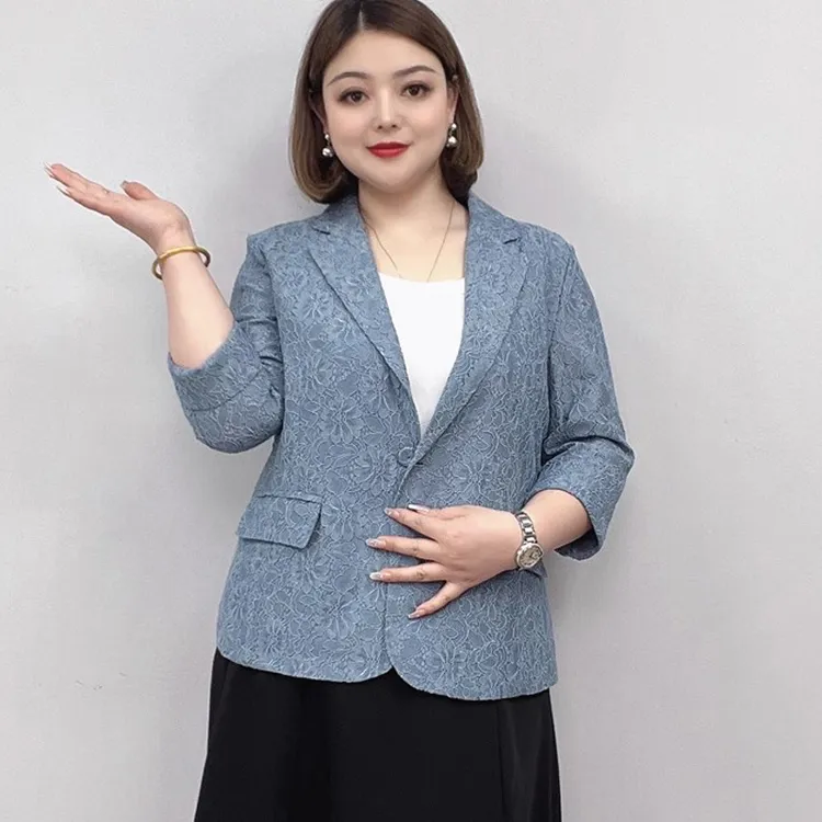 大码女式春夏女装减龄小西装外套薄款立体提花上衣七分袖西服