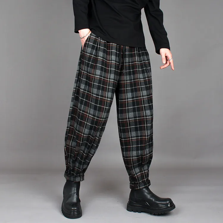 宽松大码休闲男中年时尚品质格子裤冬季加厚潮流锥形哈伦小脚裤男