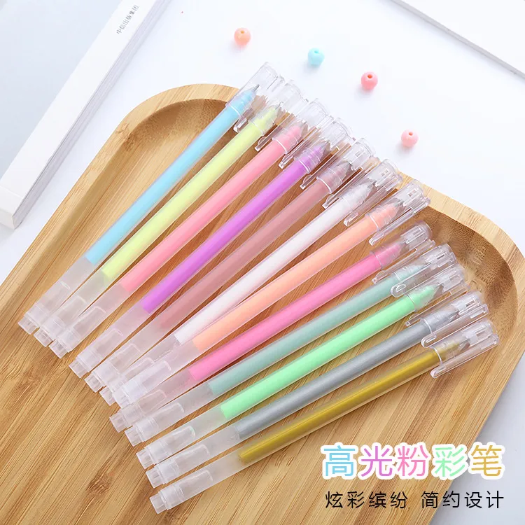 高光粉彩笔大容量中性笔 ins彩色手账笔学生标记粉彩笔相册闪光笔