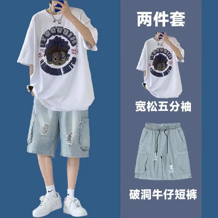 纯棉短袖T恤男士夏季高级感套装搭配痞帅一套男装牛仔短裤两件套