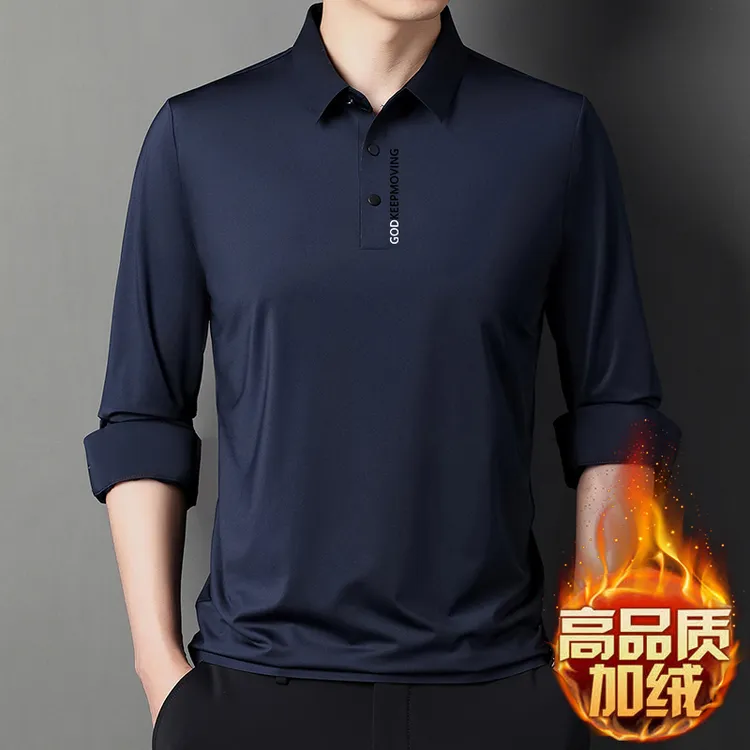 {加绒加厚}2025冬季新款时尚男士桑蚕丝无痕长袖POLO衫 柔软亲肤
