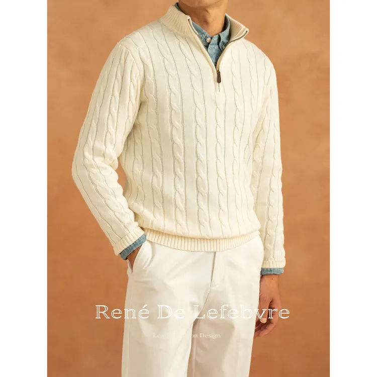 秋冬半高领拉链毛衣男宽松套头麻花纹针织衫外套潮流百搭休闲上衣