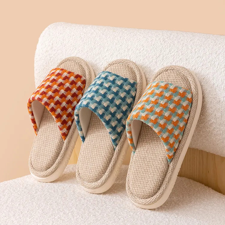 快鹿居家户外亚麻拖鞋吸汗透气汗脚穿厚底防滑男女四季空调房内用