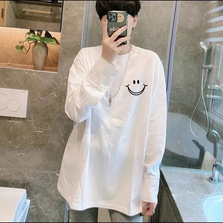 秋装中长款正肩显瘦t恤女胖m宽松大码长袖白色百搭春秋打底衫上衣