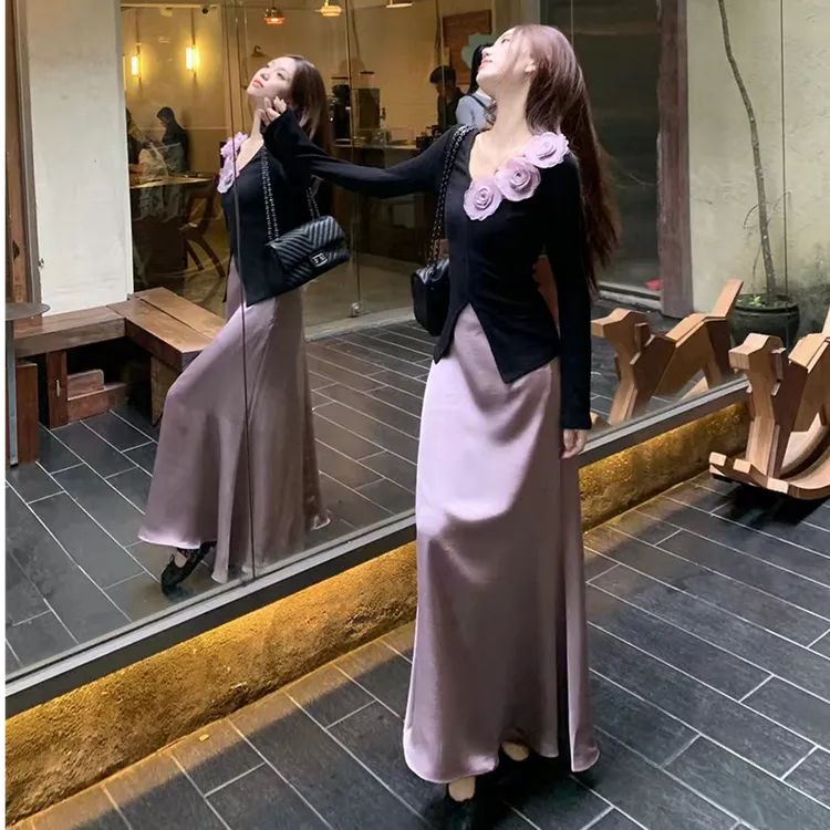 立体玫瑰修身V领气质长袖针织衫显瘦半身长裙女2024秋季时尚套装