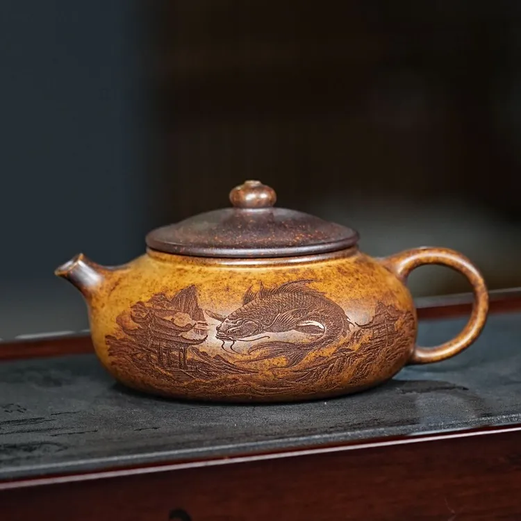 宜兴紫砂龙骨金砂手工刻绘如鱼得水紫砂壶寒江壶柴烧壶  689