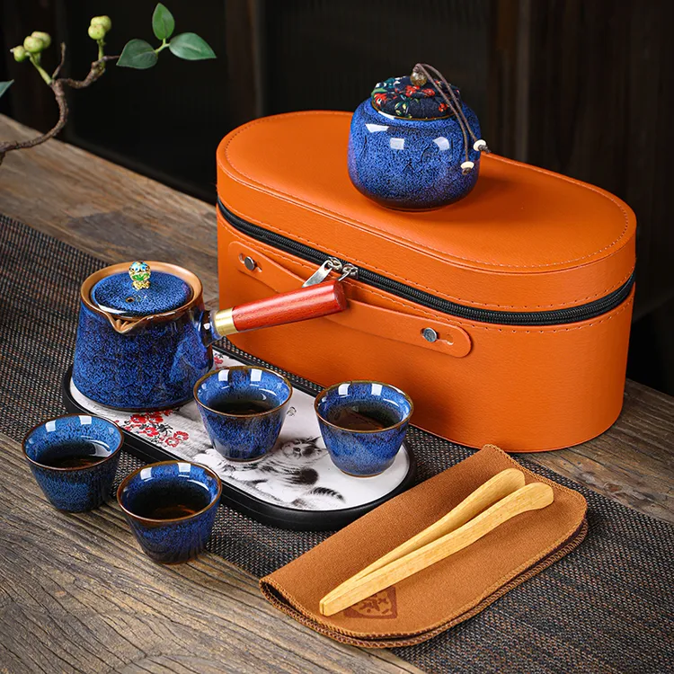 窑变旅行茶具套装户外露营便携式快客杯陶瓷喝茶泡茶壶一壶四杯