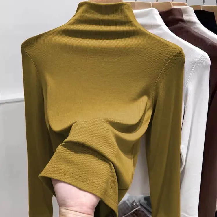 欧洲站半高领上衣女秋冬新款纯色修身螺纹打底衫洋气内搭长袖t恤