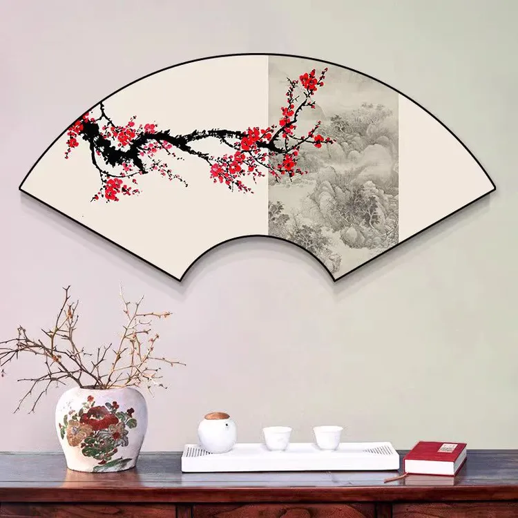 新中式扇形迎客松装饰画梅兰竹菊扇形挂画书房茶室楼背景墙创意画
