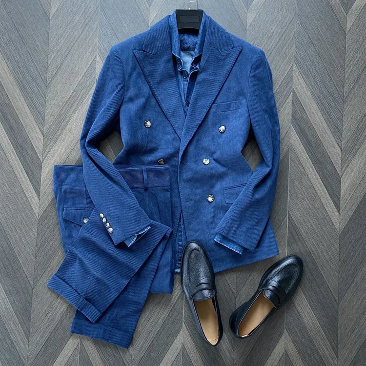 绅士复古灯芯绒双排扣戗驳领西服套装男士商务休闲绅装西装外套