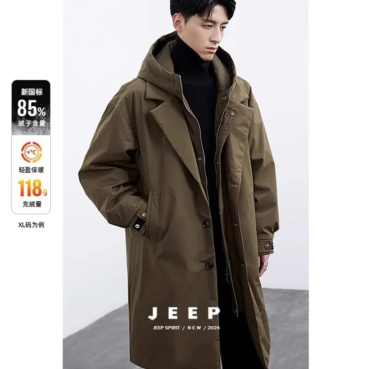 Jeep设计感假两件中长款棉服派克服男24冬季加厚防风连帽外套棉衣