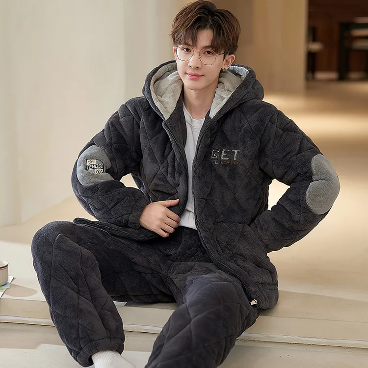 【三层夹棉】睡衣男冬季珊瑚绒秋冬款棉袄加厚保暖连帽家居服套装男