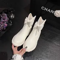 BaiLing/百翎短靴V口白色秋冬百搭时尚粗跟厚底软底加绒冬季靴子