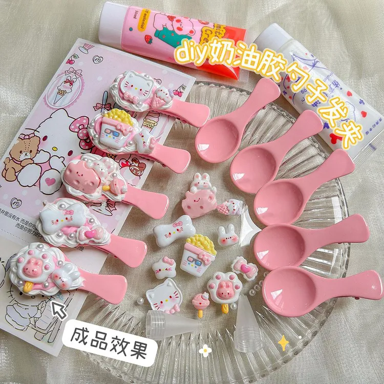 奶呼呼凯蒂猫勺子发夹创意夹子diy奶油胶材料包送女友手工发饰