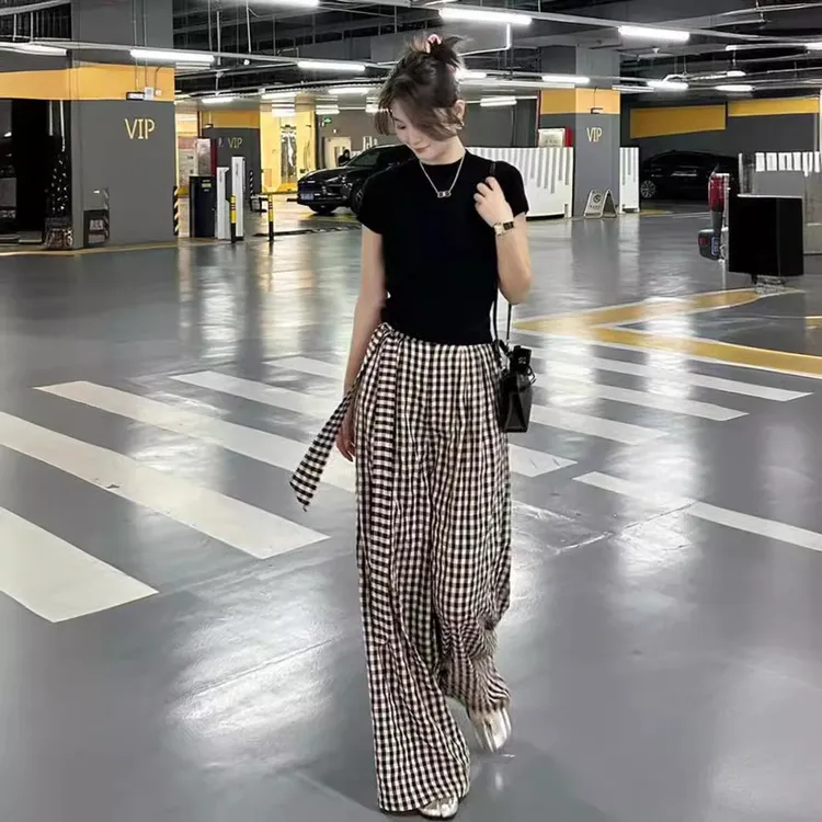 黑白格子阔腿裤女2024夏季新款显瘦高腰裤子宽松直筒长裤时尚女裤