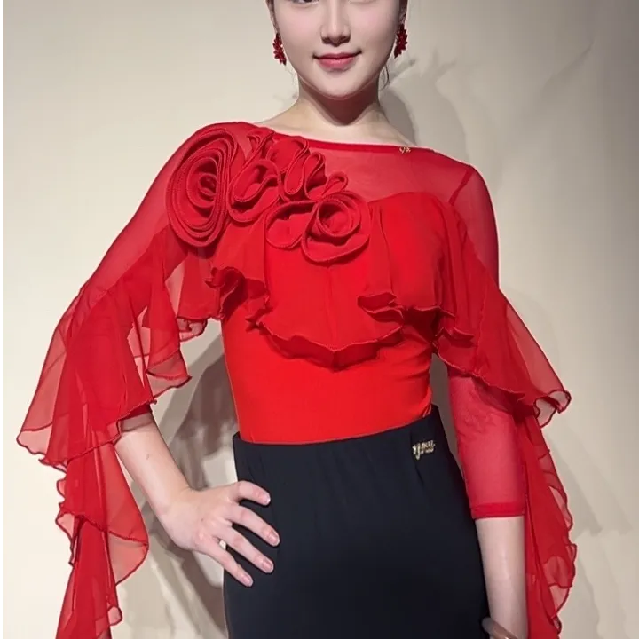 YRSS舞服新款正品花语汀澜飘袖上衣摩登拉丁国标舞服