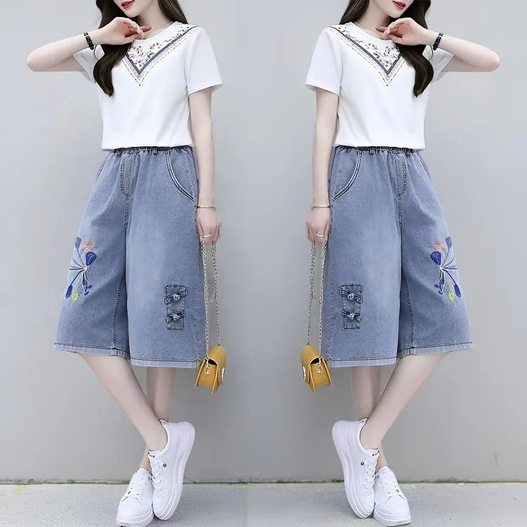 夏季薄款七分裤女2025新款大码松紧腰宽松直筒阔腿休闲刺绣牛仔裤