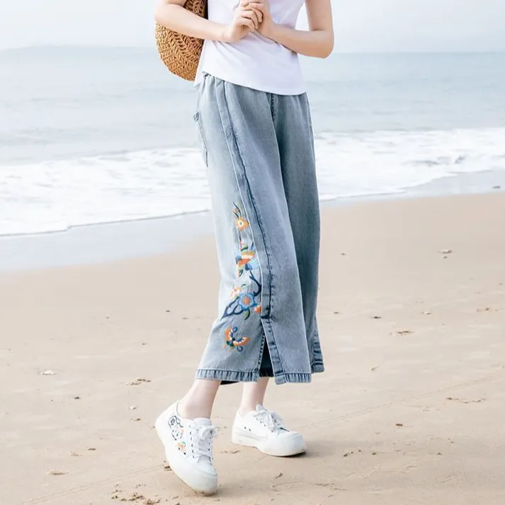 夏季新款阔腿牛仔裤女大码松紧高腰宽松遮肉休闲百搭显瘦九分裤子