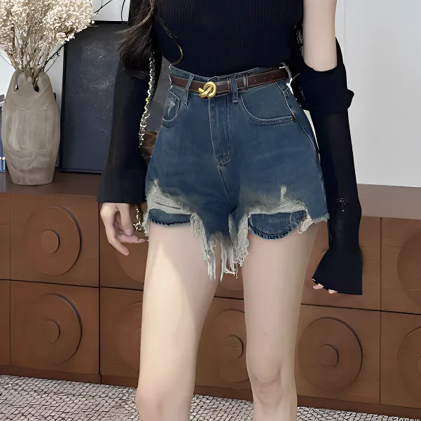 2025新款破洞牛仔短裤女网红辣妹高腰时尚宽松百搭显瘦阔腿裤子潮