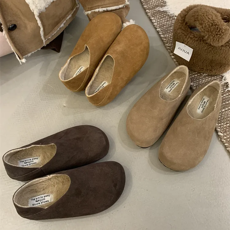 复古真皮加绒勃肯鞋女2024年秋冬时尚全包一脚蹬厚底棉鞋保暖单鞋