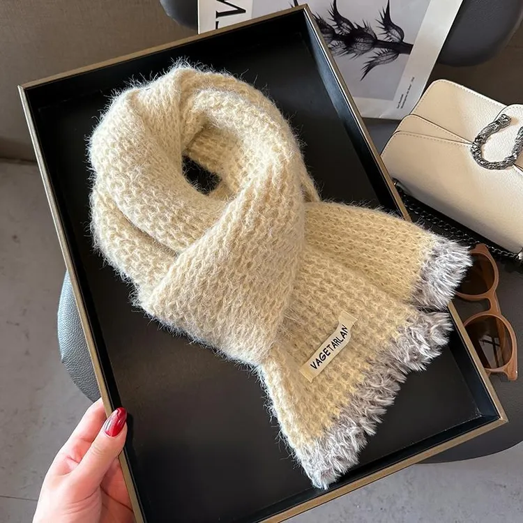 2024新款软糯毛边针织小围巾女秋冬季保暖百搭学生情侣毛线围脖潮