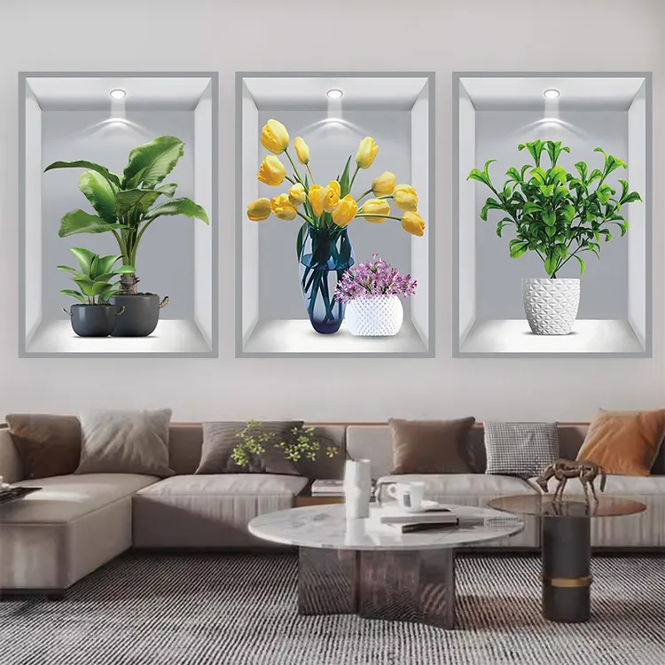 3D立体视觉效果三联画植物花卉贴画走廊楼梯过道宾馆客厅装饰壁画
