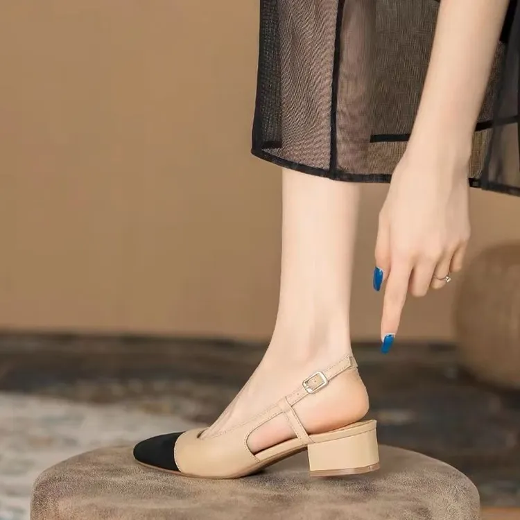 小香风包头凉鞋女2024新款夏季中跟拼色复古粗跟单鞋后空高跟鞋