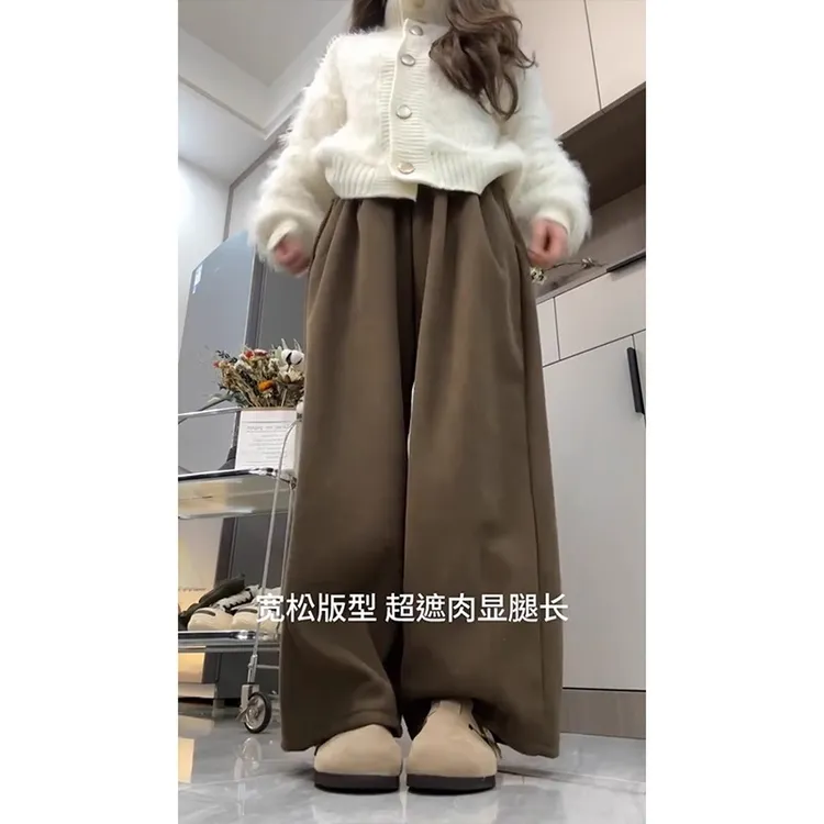 美拉德棕色灯芯绒针织阔腿裤女秋冬胖mm大码显瘦咖色山本休闲裤子