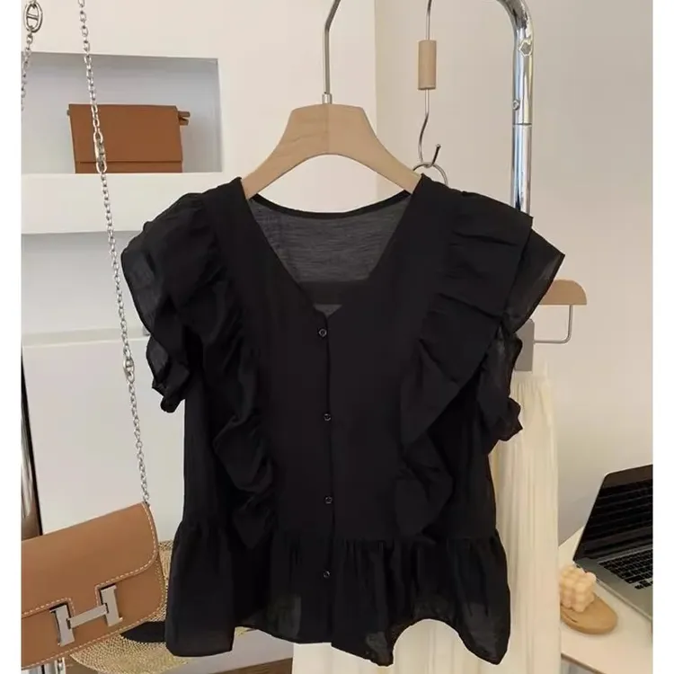 大码女装法式显瘦飞飞袖雪纺衬衫上衣女夏季新款时尚洋气减龄上衣