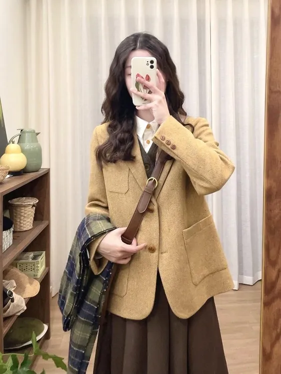 2024秋冬搭配一整套高级感复古学院风毛呢外套女显瘦半身裙两件套
