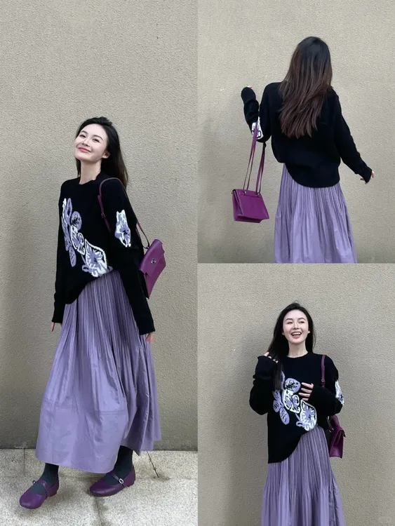 春季一整套韩系穿搭黑色圆领套头软糯毛衣上衣女百褶半身裙套装潮