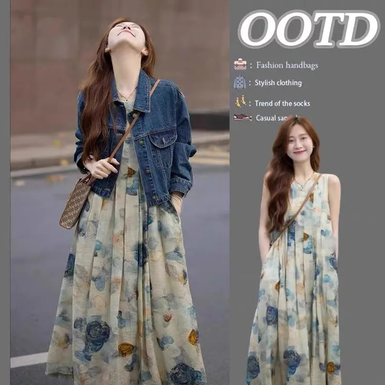 2025早秋新款设计感小众水墨画背心连衣裙洋气减龄显瘦牛仔外套女