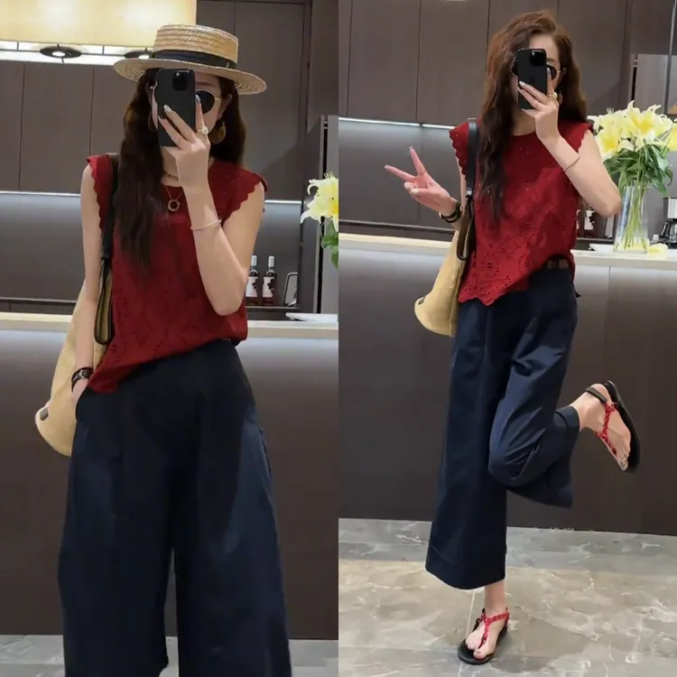 2024夏季新款小众设计镂空蕾丝无袖上衣高腰显瘦百搭阔腿九分裤女