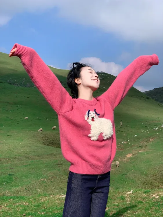 2024秋冬新款韩系高级感小狗提花套头粉色毛衣女搭配牛仔裤两件套